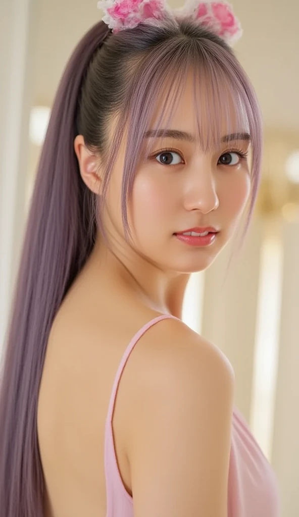 Browsing Caution, One Girl, (beautiful girl, Delicate girl:1.3), (14 years old:1.3),
break, Very beautiful eyes, (Symmetrical eyes:1.3),
break, Small breasts, Brown eyes, Parted bangs, Pink Hair, (ponytail), (Upper teeth, The best smile:0.2),
break, (Eye and facial details:1.0),
break, (masterpiece, highest quality, Very detailed, Detailed face, 8k),Pink Hair,Fluffy hair,Beautiful pink hair