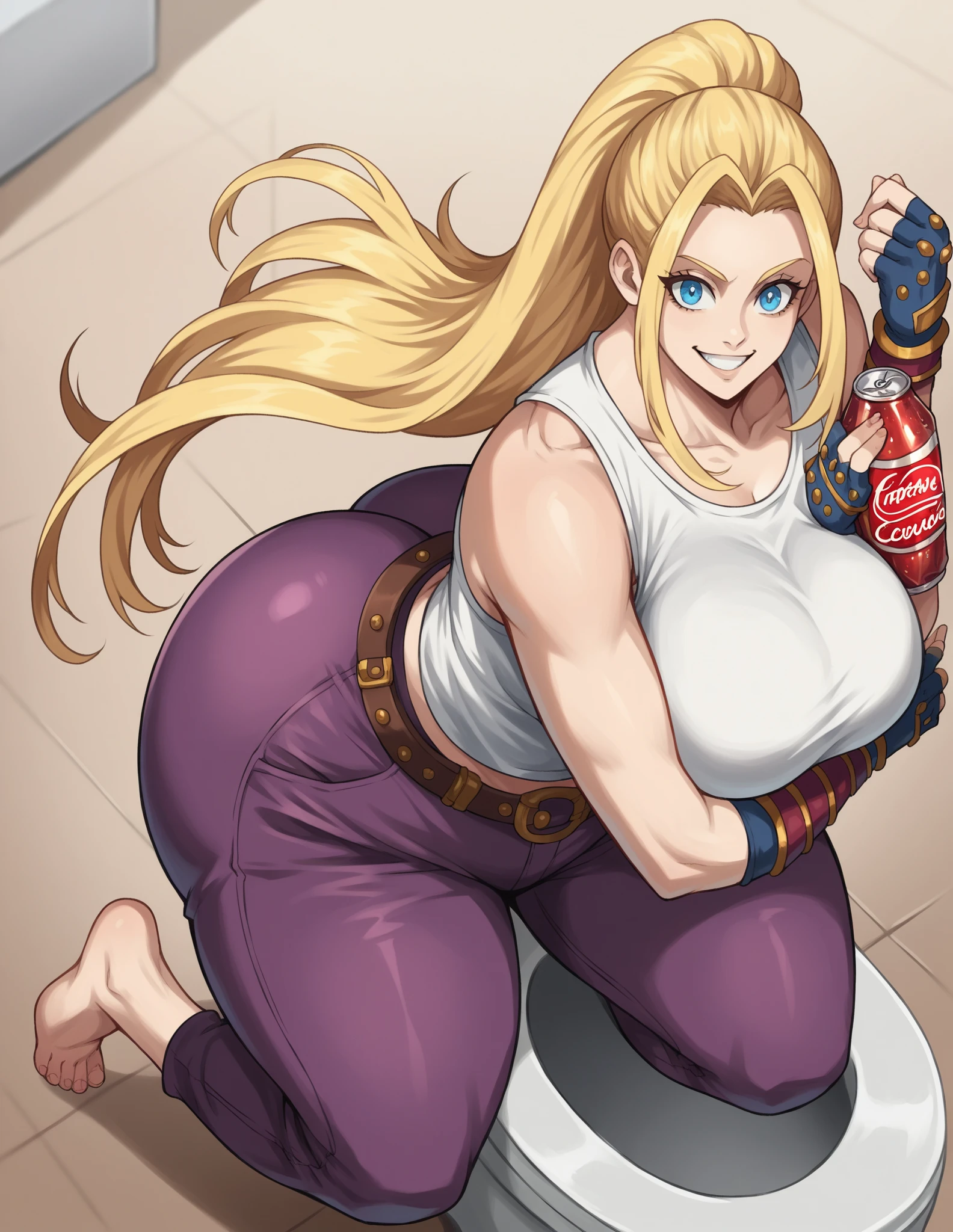 cowboy_shot,white background,masterpiece,best quality,extreme detail,8k,<lora:pacifica:0.8>,pacifica2,1girl,solo,long hair,breasts,looking at viewer,bangs,blue eyes,blonde hair,large breasts,simple background,cleavage,jewelry,jacket,ponytail,thighs,hairband,earrings,belt,blunt bangs,huge breasts,bodysuit,makeup,thick thighs,lipstick,black background,curvy,eyeshadow,hoop earrings,purple jacket,
