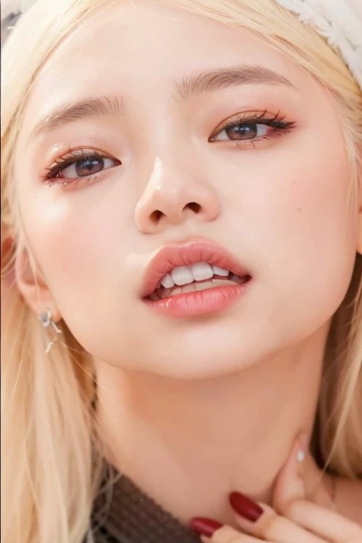Crouched down and staring at you.、Heavy makeup、Eyeshadow purple、Gal clothes、Flashy accessories、Bright expression、Younger, brighter, whiter skin、Gloss Face、Cheek gloss、Best Looks、Blonde reflection、Platinum blonde hair with dazzling golden highlights、shiny bright blonde hair,、Super long, silky straight hair、Shiny beautiful bangs、Very long eyelashes、Big eyes、Perfect beauty、Ample breasts、Sexy big boobs， beautiful sexy cute looking pretty face、A strong wind blows my hair in front of my face、Cute and sexy eyes hidden behind long bangs、Eyes welling up with tears、Gal clothes、Sparkling eyes,(Open your mouth:1.1),(Sticking out tongue:1.4)、Gal Makeup