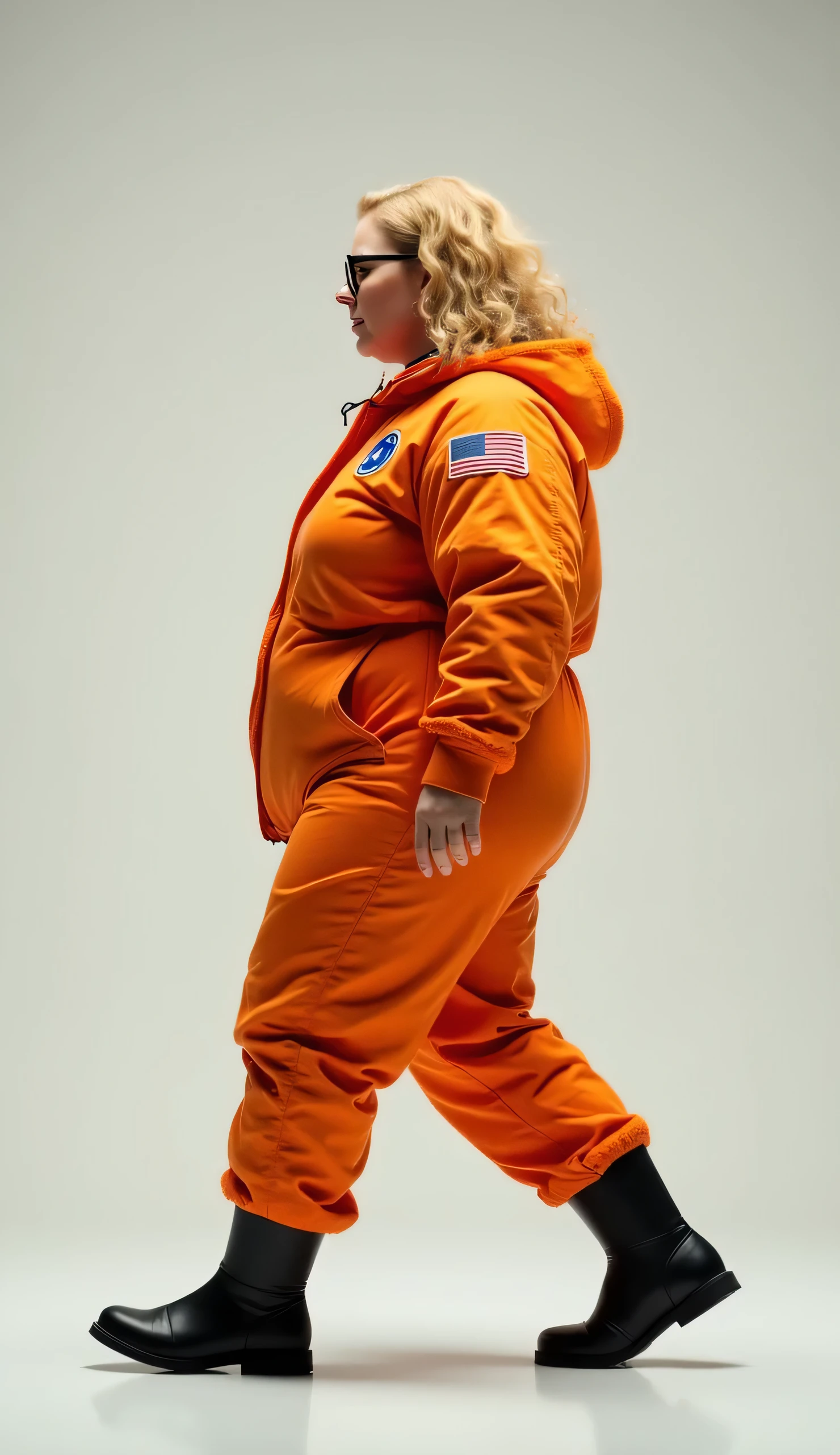 Fat woman on moon base corridor, blonde hair in s1999unf uniform,red left sleevecowboy shoot,artifical lights,diffuse illumination