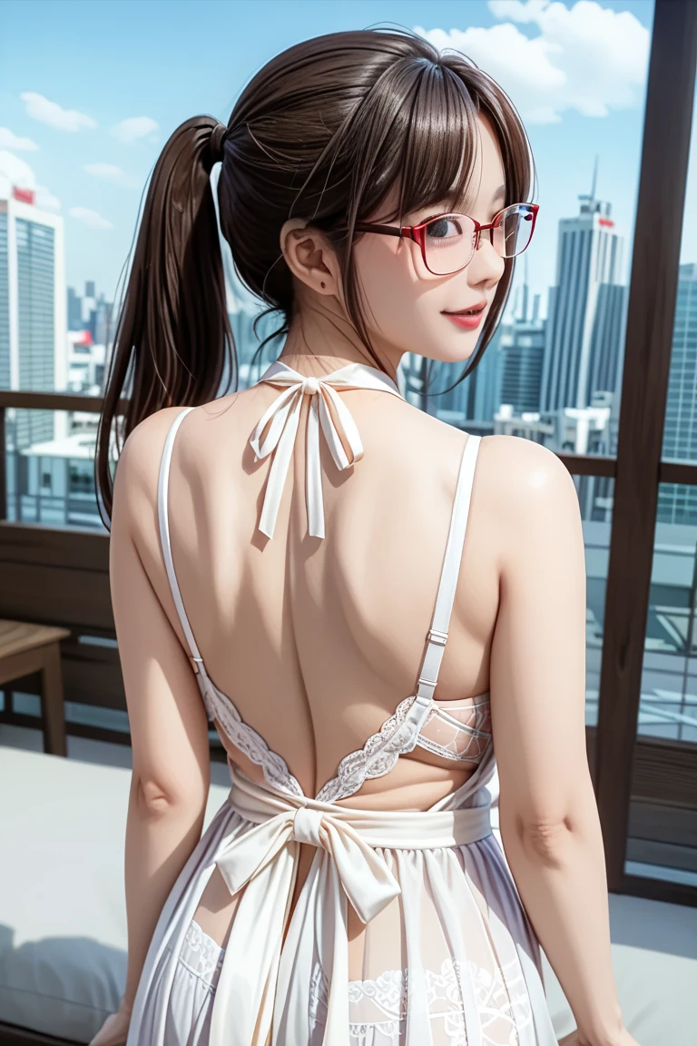 masterpiece, best quality, ultra quality, high quality, realistic, photo realistic, warm lighting,natural lighting,cinematic lighting,RAW photo, hyper detailed, intricate detailed, perfect anatomy, Fujifilm XT3,(cowboy shot),1 woman, Japanese beautiful woman,babyface,brown very short twintail hair over one eye,(medium breasts:1.2),(slender body:1.2),sweaty, tan skin,sunburn tanline,(smile:1.3),black eyes,(bedroom),(sunset),(standing),(Glasses:1.3),(smile), BREAK babydoll, red negligee, red panties, thong, navel,(from behind),