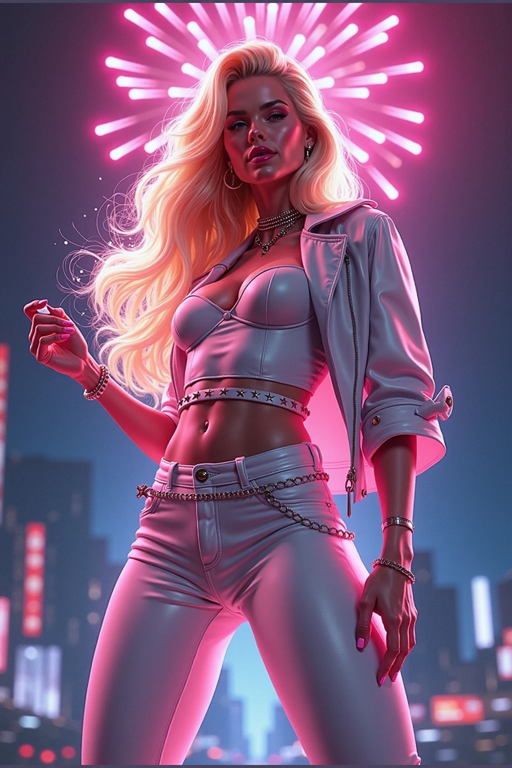 analog style, woman, (thepit bimbo:1.2)), blue eyes, hoop earrings, detailed, skin texture, blonde hair, full lips, full body perspective, collar, pink jacket, centered, tan skin, looking at viewer, kneesocks, 8k, highly detailed, glossy, [Nina Dobrev|Emma Stone], symmetric, realistic, photo-realistic, cleavage focus, pout, ripped jeans, studio lights, wide hips, glowing colors, glowing skin, wavy hair, cyberpunk, breast enlargement, fingerless gloves, neon lights, black sleeves, belt chain, black boots, punk boots, platform boots,