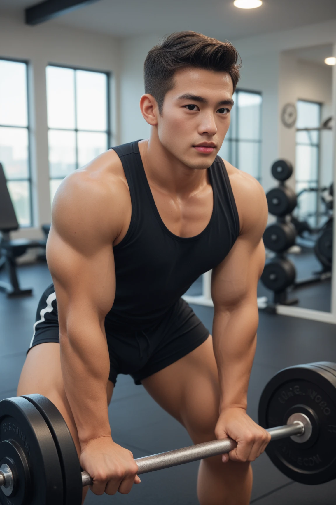 Masterpiece, Best quality, Super-Resolution, Depth-of-field, Maximum clarity and sharpness, A handsome Thai male, Bodybuilder, Bare legged, Spread legged, Bulging crotch, Muscular pose, Natural eyes, Short hair, Beard.