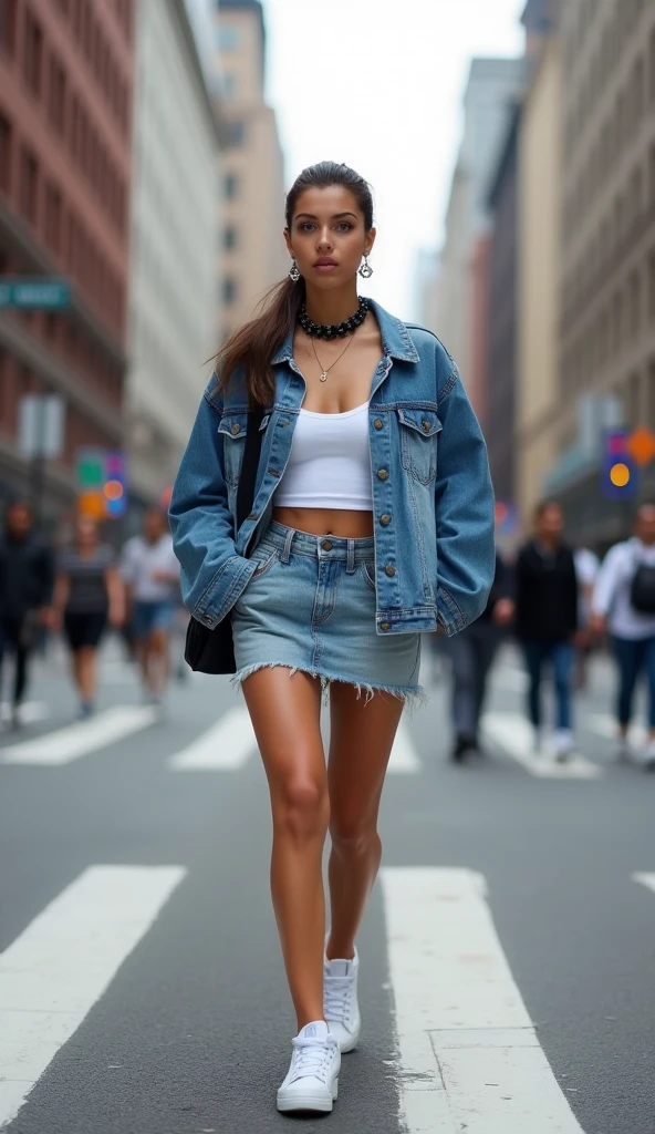 In an urban landscape, where technology and tradition coalesce, an 18-year-old girl named Clara weaves her story. Her auburn hair, pulled into a high ponytail, bounces with every step she takes, matching the lively beat of the city. Her emerald green eyes, glowing with ambition and curiosity, mirror the neon cityscape that comes to life after sundown.
She's dressed in a stylish mix of the old and new – a classic denim jacket thrown over a holographic dress, the iridescent material shimmering with every move. Her combat boots echo on the pavement, each step a testament to her resolve. Around her neck, a vintage camera hangs - a testament to her love for capturing the ever-changing pulse of the city.
In the backdrop, the city skyline, a canvas of glass and steel, shimmers in the dusky twilight. The towering skyscrapers seem to reach for the stars, just like Clara. Digital billboards flash with a kaleidoscope of advertisements, casting ever-changing shadows and light on her determined face.
She stands on a rooftop, high above the bustling city streets. Her gaze is focused on the horizon, where the final rays of the setting sun are disappearing. In her eyes, one can see a reflection of the cityscape - a mix of dreams, hopes, and untold stories.
The image of Clara, an 18-year-old girl, is an image of determination, courage, and the promise of tomorrow. It is a snapshot of a young woman poised on the precipice of her future, ready to leap forward and take on the world.