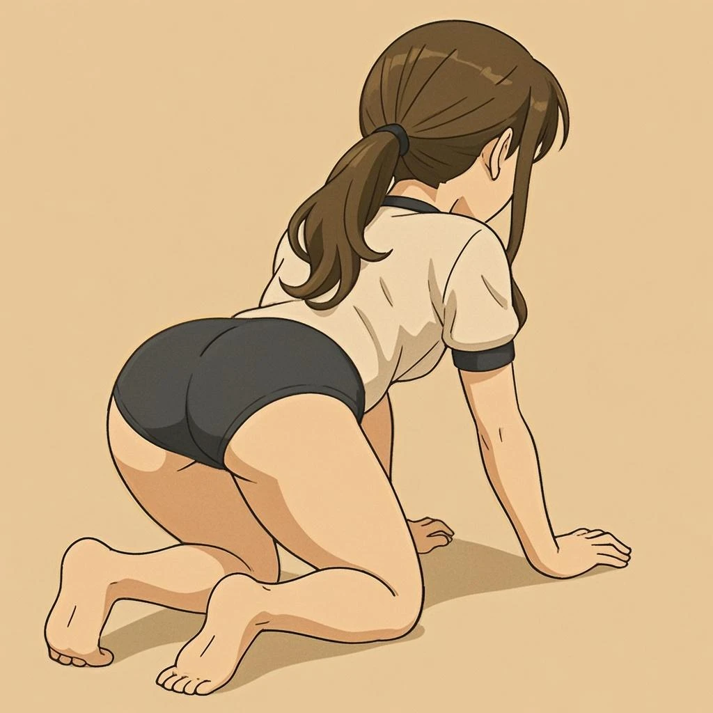 ((Medium Shot)), beautiful girl, slender, very short brown hair, wear a white long-sleeved T-shirt, white bikini panties , Perfect hands, Perfect body, get down on all fours, barefoot, The eyes out of sight , ((Exquisite detail)), Very finely crafted fingers(((10 fingers))), , (Full-body showcase), (Show your whole body), (No logos on background), (No logo), ((Plain background)), ((Plain background)), bare foot, The camera frame is taken from below.,