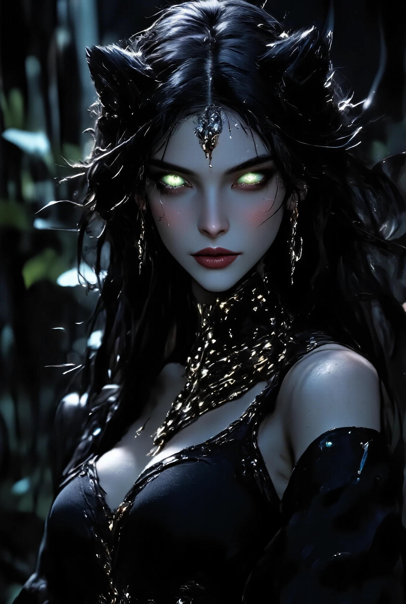 stunningly beautiful woman with the grace and power of a panther, Possessed the striking features of a predator combined with human sensuality. Big, bright intelligent emerald green cat eyes which seem to glow with a feral intensity with slit pupils like a cat's. Warm Tawny, sun-kissed skin. Long, flowing black hair falls in waves down her back. A toned, athletic body at 185 cm tall sculpted with the inherent grace of a panther, combined with a hot, feminine, and notably curvy figure. Toned muscles that allow for incredible feats of agility, flexibility and raw power. Retractable claws on her fingertips sharp and functional. Full, expressive panther ears atop her head and a long, swishing panthertail complete her form. Her movements fluid, silent, and filled with predatory tension. 
