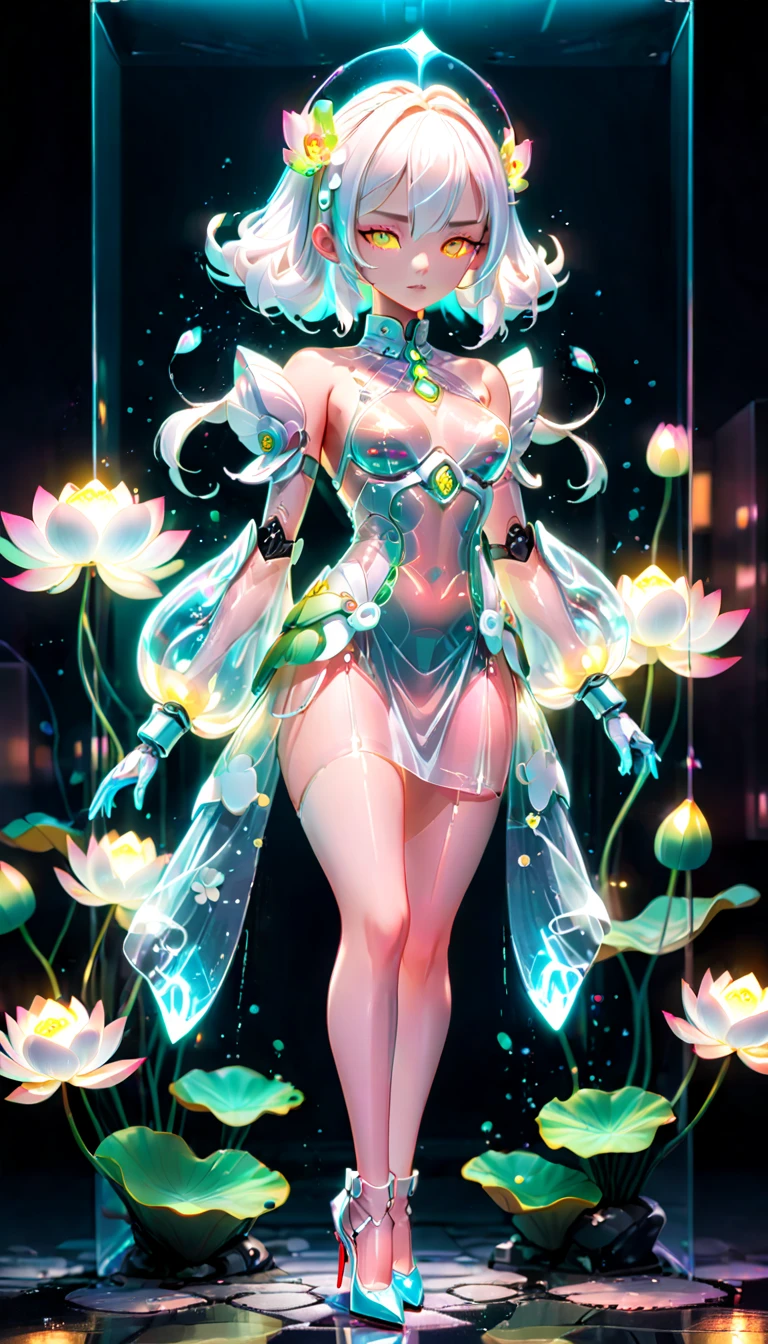 (Blind Box Spielzeug Stil:1.2),full body, solo,white background,(A female robot in a transparent white jasmine dress, wearing gloves and high heels),(Chinese color,Very colorful), Cyberpunk, Dreamy Glow, Luminous neon lamp, 3D