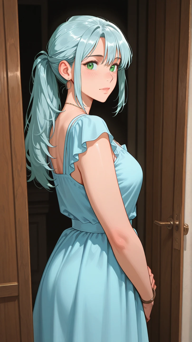 Cyan standing, turquoise lace babydoll,,high quality,4k,