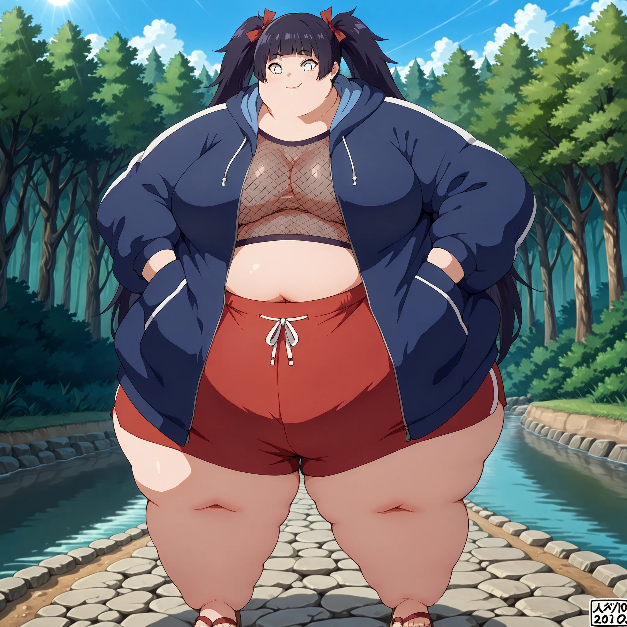 standing, smile, solo, 1girl, obese nezuko kamado, thick thighs, perfect body, no pupils, ultra detailed, masterpiece, best quality, aesthetic, detailed, Obese Body, Sexy, Obese Girl