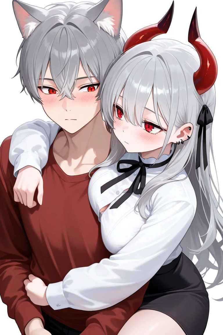 1man, sharp red eyes with cat pupils, white short hair and he was wearing the demon lord robes, he have two white horn and holding his daughter ((41 year old face))