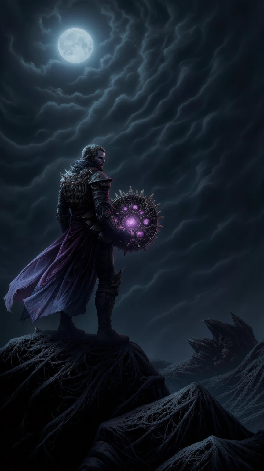 [(tormented (((26-year-old disciple of darkness))) bearing ritualistic tattoos], [wrestling with internal demons]:1.1) (amidst a landscape of eternal night, fractured crystals rising from the ground as a reflection of his fractured soul:1.3)