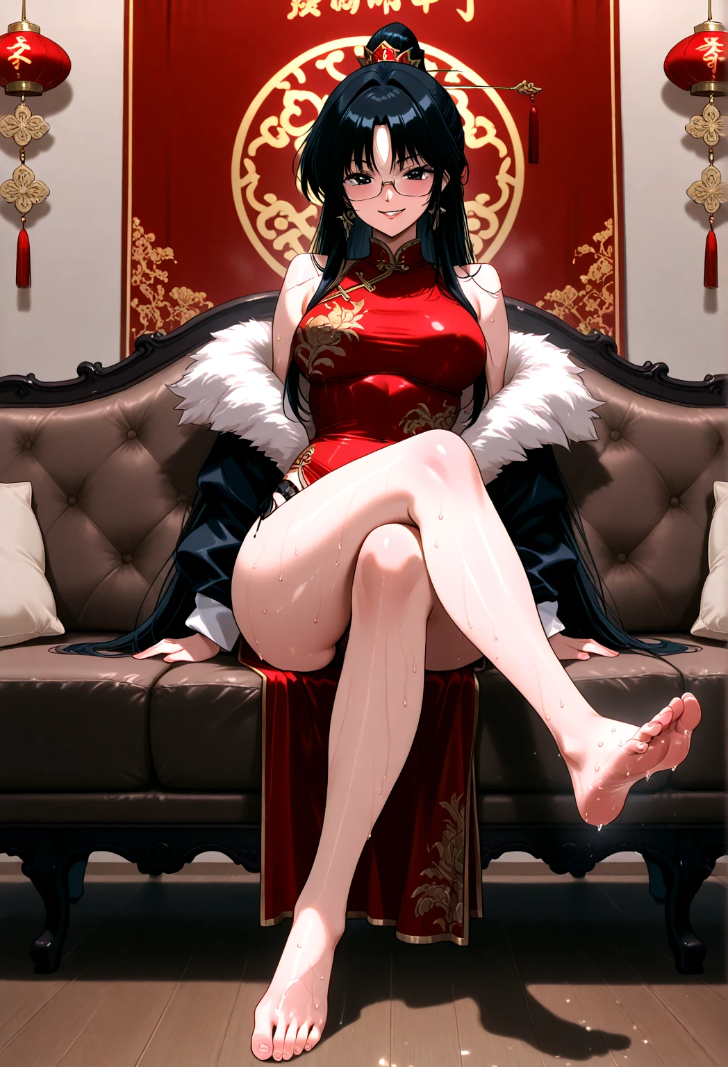 Boa Hancock, standing in sexy pose on her ship,whole body,crossed legs, big breasts,I look at the viewer,I look with pity,a high resolution,High quality, masterpiece ,sfw,sexy, mocking , mocking smile,leash in hand, white heels,