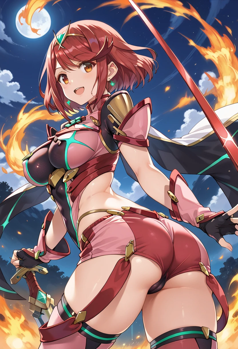 (masterpiece:1.2) , (best quality:1.2) , (ultra-detailed:1.2), 2.5D,extremely detailed,anime,girl,dark brown hair,Medium hair,BREAK,blue eyes,BREAK,bikini armor,smile,action,lance,ass focus