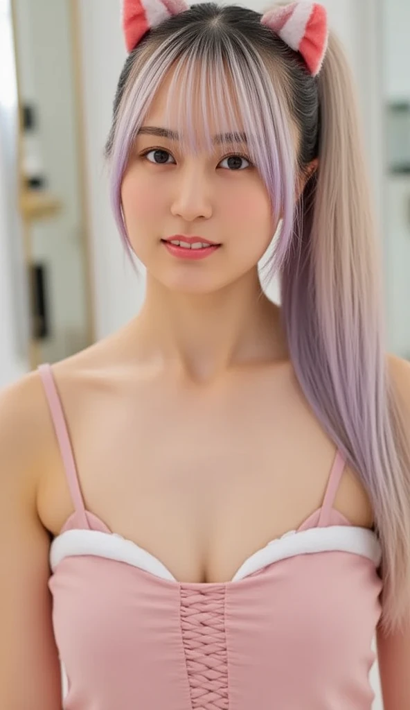 (masterpiece)、（Highest image quality）、（Super detailed）、（extremely detailed）、4K、（8K）、Highest image quality、（beautiful）、
more campbell, 1 girl, star hair ornaments, hair ornaments, pink hair, long hair, gloves, Leotard Purple leotard, white leotard, ((leotard that bites))、wet leotard､Leotard that bites in the crotch､super breasts、nipple､(((transparent chest)))､thick thighs、wet skin､light smile､noise removal､((hands behind head))､emphasis on crotch､chest enhancement､stage､perfect lighting､squatting､pole dance､barefoot､sexual excitement､Angle from close up at the front､From before､front､beautiful hands