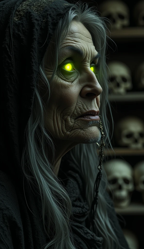 (masterpiece), (best quality), (realistic), Evil witch wears dark tattered robe, glowing and piercing eyes, wrinkled skin, sense of malevolence