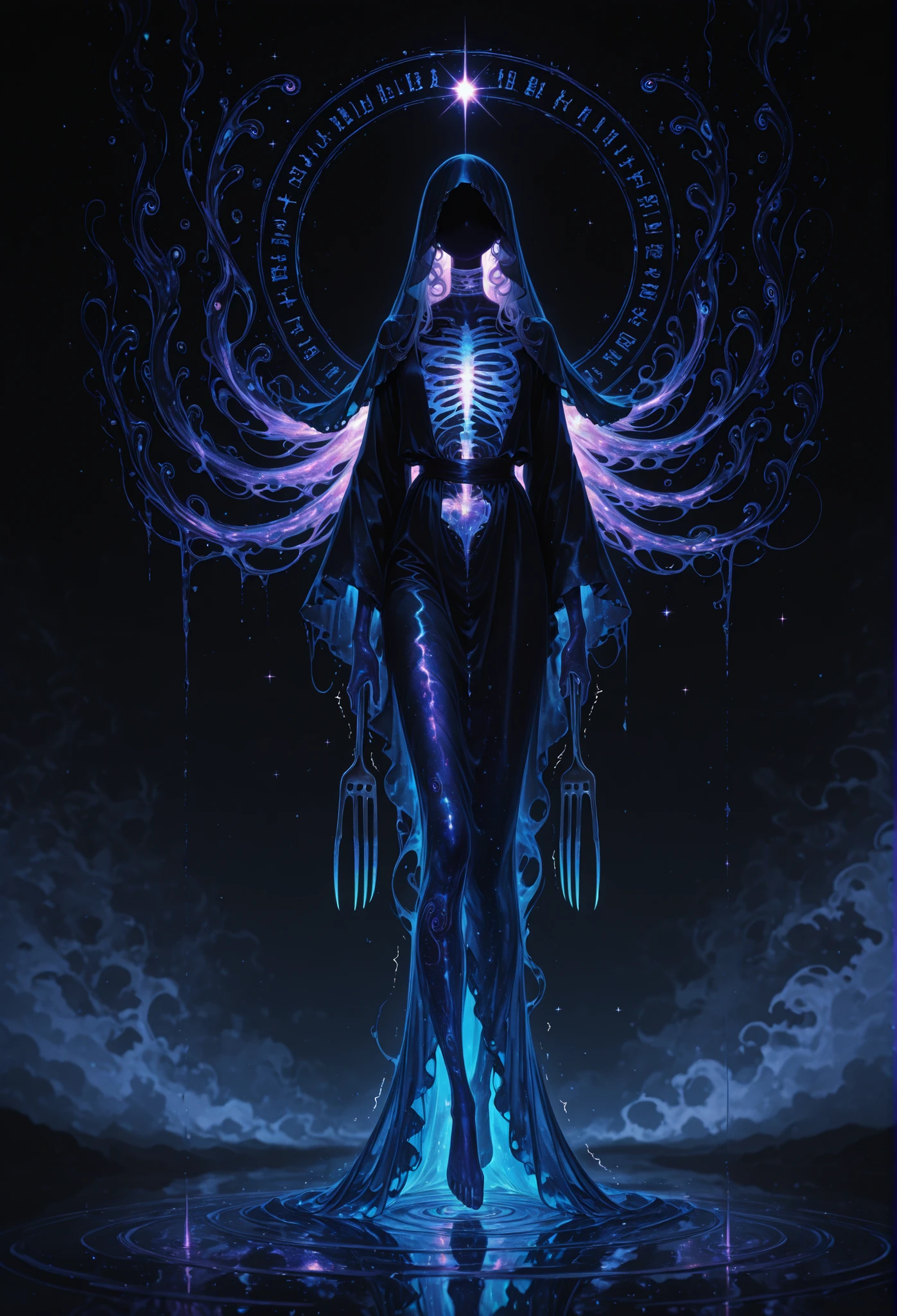 Masterpiece, natural lighting, night, perfect shadows, ray tracing, detailed image, perfect human anatomy, androgynous spectral figure with a slender, elongated body in constant soft vibration, parts of the form slightly duplicated or glitched like overlapping frequencies, wearing a flowing robe made of translucent sonic fabric or smoke, surrounded by faint swirling glyphs and sound rings that orbit slowly around the head and shoulders, face partially obscured by a veil or faint static distortion, multiple faint mouths whispering along the jawline or neck, eyes flickering like distant stars through fog, long trembling fingers like tuning forks, feet hovering slightly above a rippling dreamlike surface, background filled with warped reflections and soft echoes, dream horror style, ethereal color palette with muted purples, silvers and blacks, ambient cinematic lighting, surreal atmosphere, 4k full body concept art, unsettling elegance, soft surreal nightmare