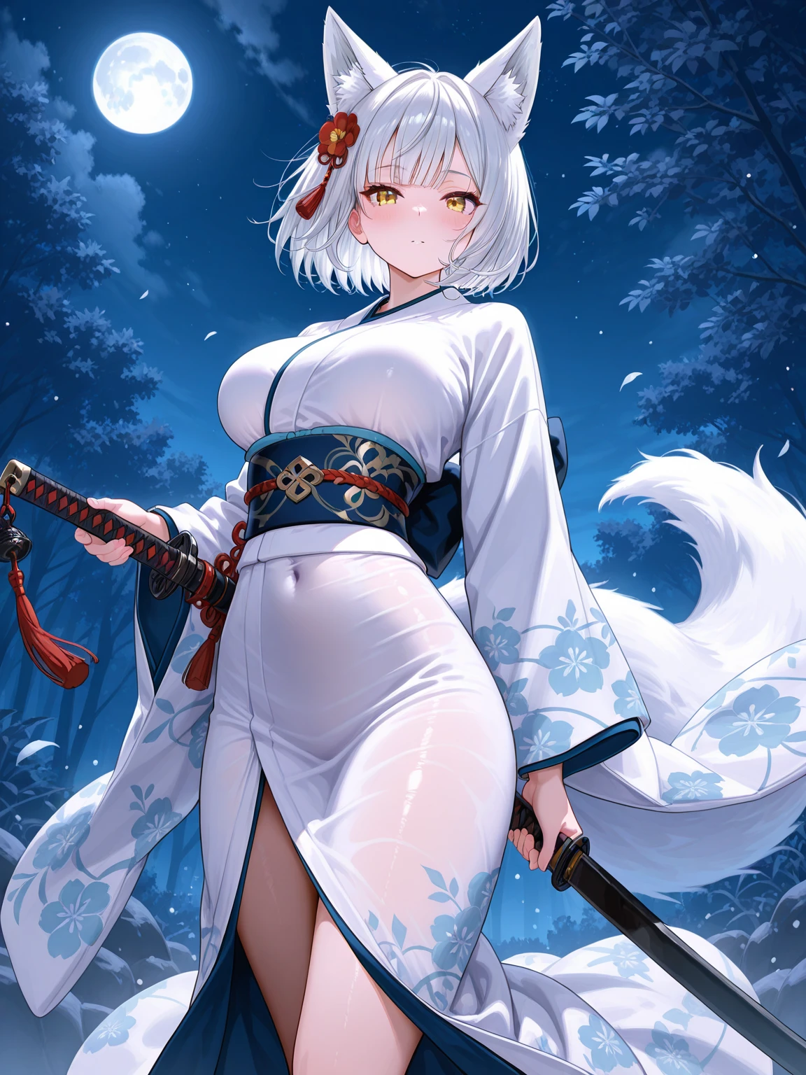 Sfw,1girl,solo,female photo,wearing katana sword,(heterochromia,purple eye,yellow eye),((with white fox)),((big breasts)),beautiful face, navy long hair, shrine maiden outfit,red mini skirt,mysterious mood,in the night,moolight,best quality, high quality, masterpiece, HD,4K,8K