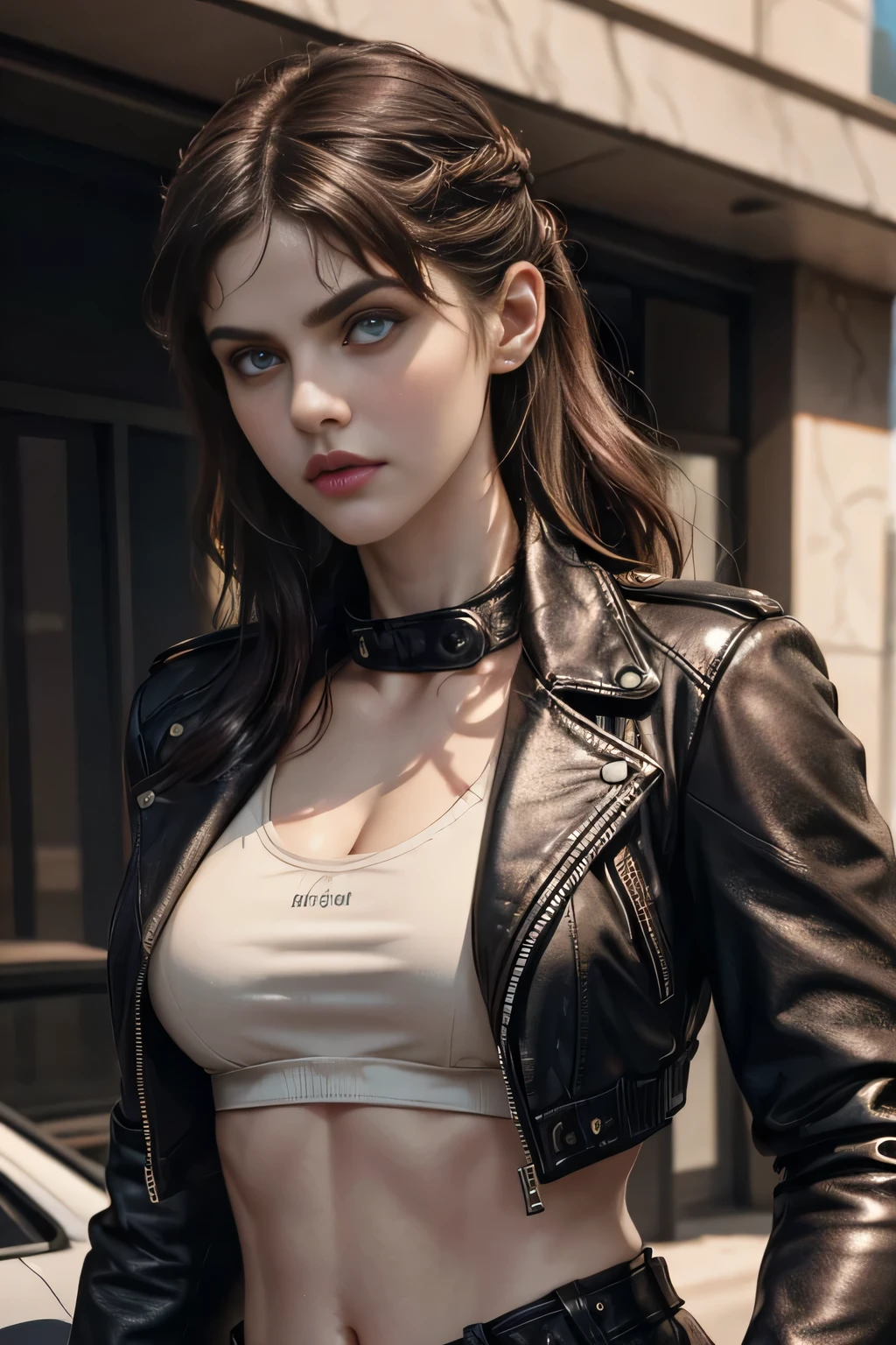 An ultra-realistic CG illustration of alexandra daddario with a piercing gaze and bold makeup. She's wearing a leather jacket with a crop top, and her long hair is styled in a sleek updo.