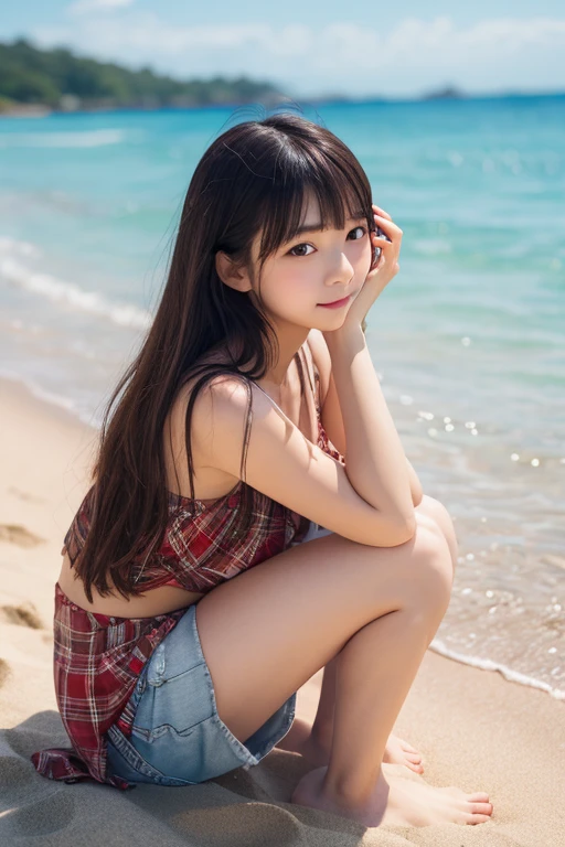 Highest quality, 8K, 11 years old、Fluffy long hair、T-Shirts、mini skirt、A slight swelling of the chest、Beautiful Skin、Beautiful legs、smile、sea,