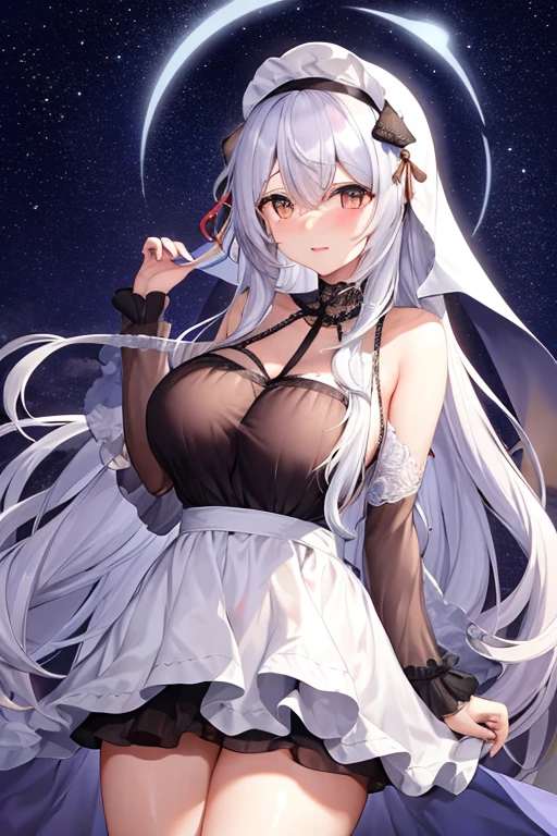 best quality　high resolution　one young pretty woman　red eyes　white hair  medium perm　cute soft girl　Cat ear dragon girl cosplay　breastfeeding service　The medium breasts  with amazing charm　gasp　incest　Estrus face, (wearing dress:1.5)