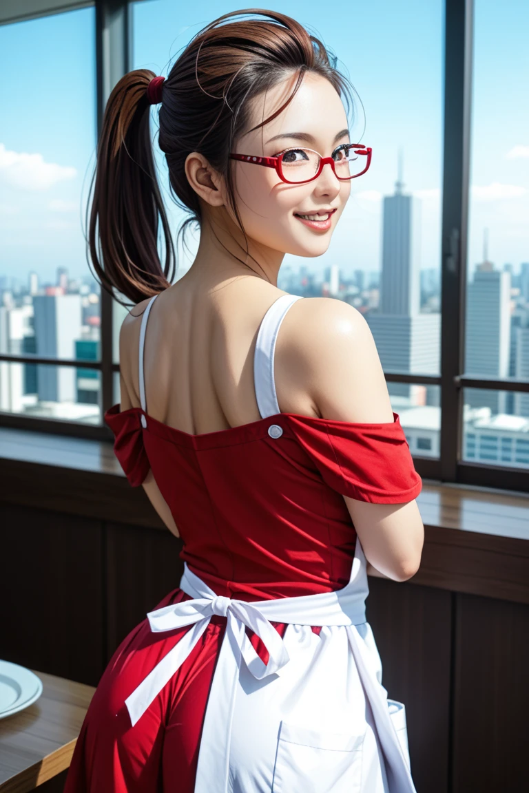 (from below:1.2),(from side:0.9), ((Face)), (Close-Up:0.4), (best quality, masterpiece), (ultra high resolution, 8K RAW photo, photo realistics:1.5, textile shading, thin outline, clear focus:1.2), Beautuful Matured woman preparing tea-time in the garden kitchen, (tea set, tea pot, tea cups, some Strawberry cakes on dish), classy art deco style table, wearing red maid uniform, breast cleavage:1.2, maid costume:1.2, mini flare skirts, apron, bow ties on thechest, long tall sally, long legs, long silverblack hair, (wearing thin-flame glasses:1.3),cleavage:1.1, black thighhighs, thigh strap, pretty girl, (highly detailed beautiful face and eyes,firm breasts),((black hair,long pony tail hair)),sexy and lovely pose, detailed eyes,   (milf:1.2, 22 years old, solo), (small breast, , narrow waist), side lock, asymmetric hair, wavy hair), (bright pupils, detailed eyes, high detailed face, Perfect face shape, eye rush), (seductitve smiling, half-closing eyes), (with sparkling eyes and a contagious smile), (looking at viewers:1.3), (dynamic angle, full body, from below:1.2), ((correct anatomy:1.5, correct hands)), (ideal ratio of body proportions), (outdoor:1.2, grass field),A scene of cooking in the kitchen
