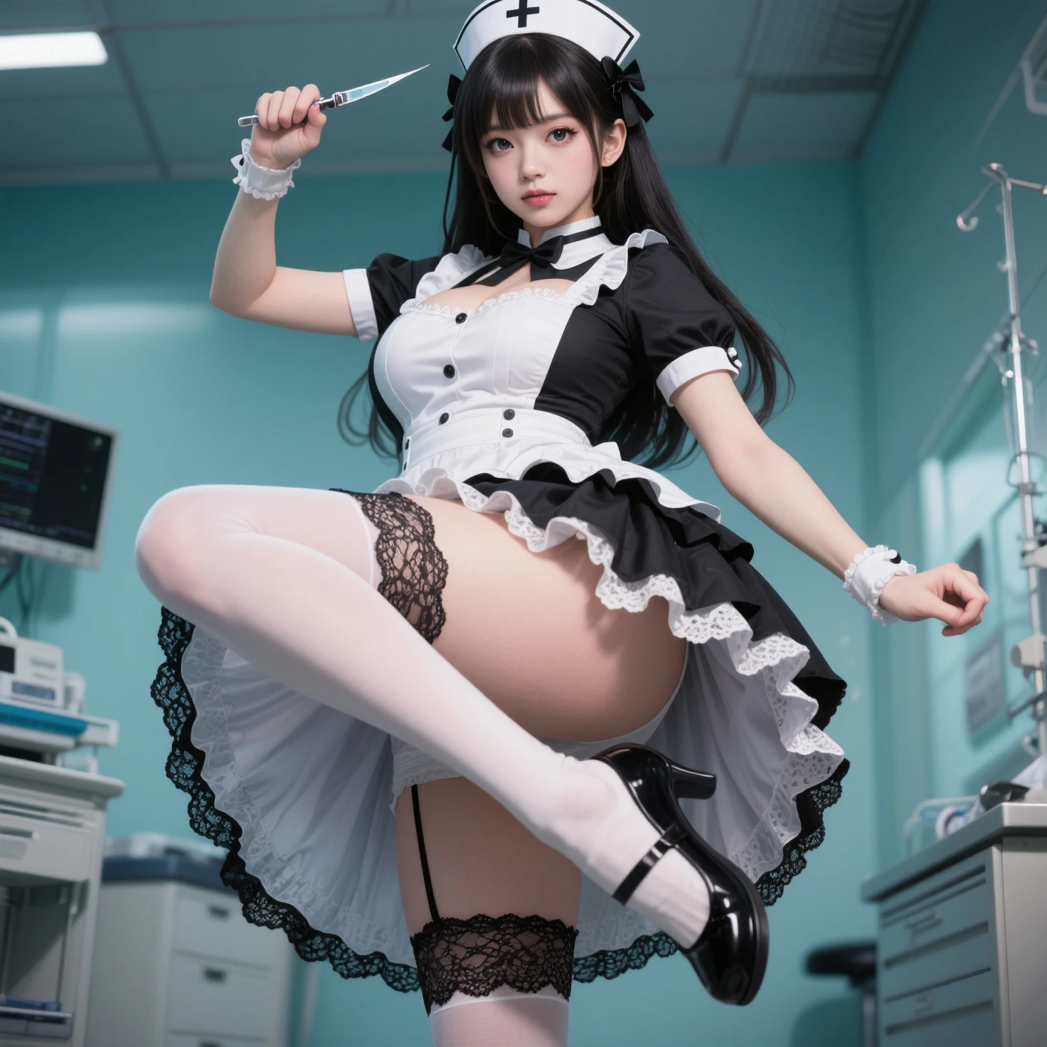 (8k, RAW photo, top quality, masterpiece), (ultra definition) (wet in the rain) (room) (realistic, photorealistic: 1.37) (school uniform) (big ass) (thigh socks) (solo), black mask