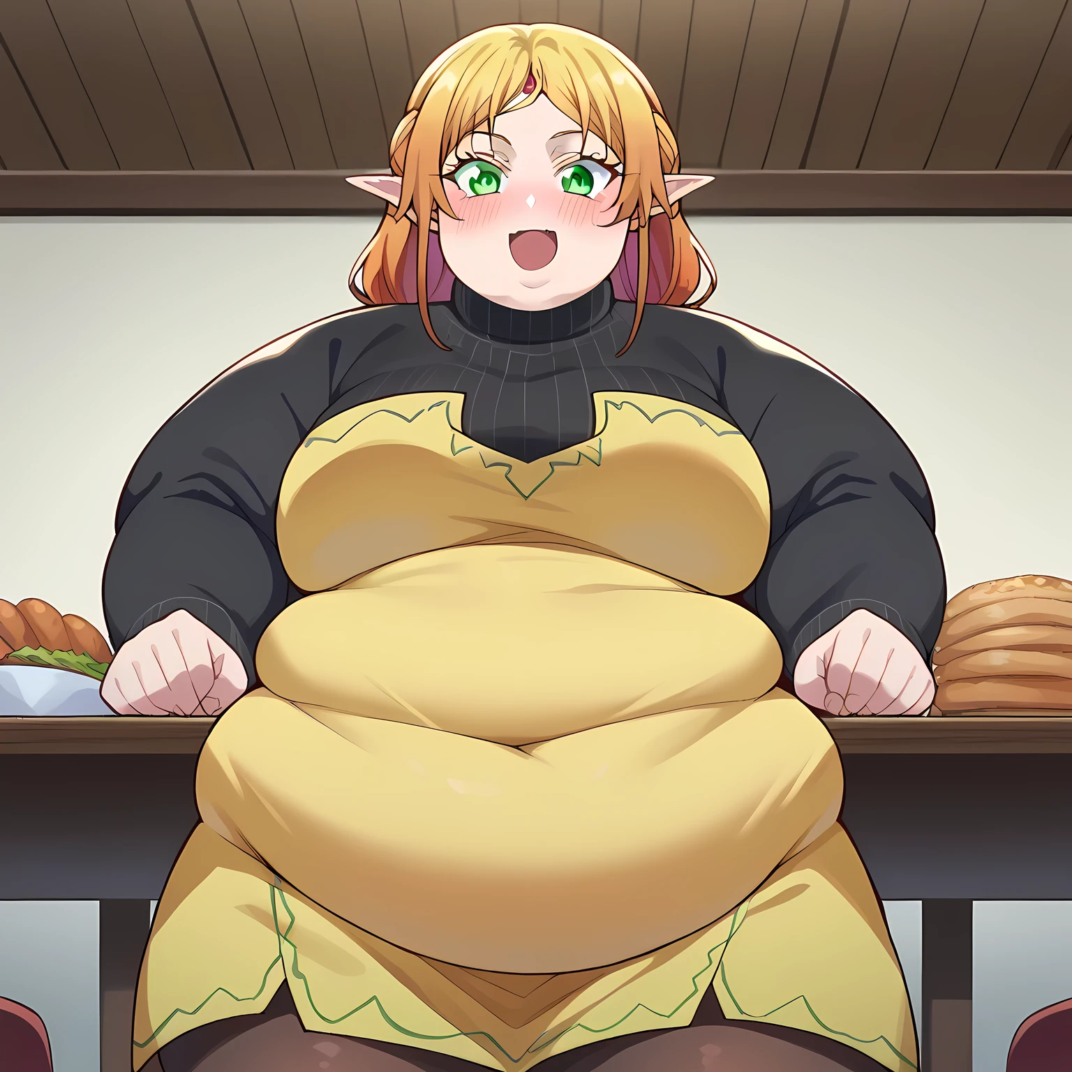 Raphtalia fat, force feed, obese, fat, fatter, round, rotund, food in the hands, grab belly, overeating, stuffed raccoon, burp, burping, red suit, massive fat, huge fat, glutton, gluttony, gluttonous, voracious, force feeding, fliying food