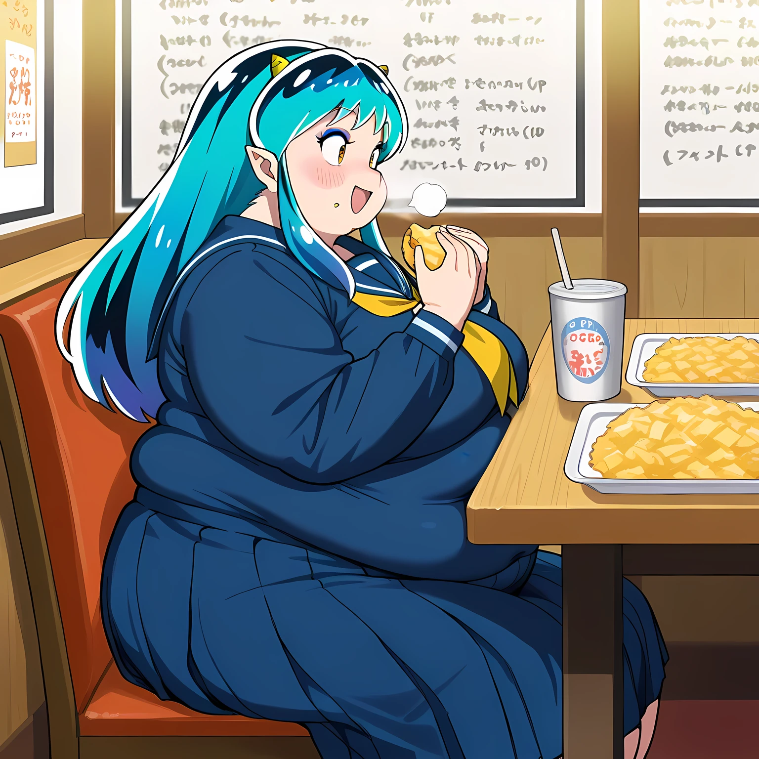 score_9, score_8_up, score_7_up, source_anime,
uruseiyatsuralum, lum, long hair, bangs, blue hair, orange eyes, horns, pointy ears, aqua hair, oni horns, eyeshadow,
shirt, long sleeves, school uniform, serafuku, sailor collar, neckerchief, yellow neckerchief, shirt, blue shirt, blue sailor collar, blue skirt,
indoors, restaurant, sitting, eating food, in front of tones of food, table, chair, pov belly, from side, happy, smile, blush,
looking at food, fat, chubby, obese, gigantic arms and legs, large breasts open mouth, out of breath