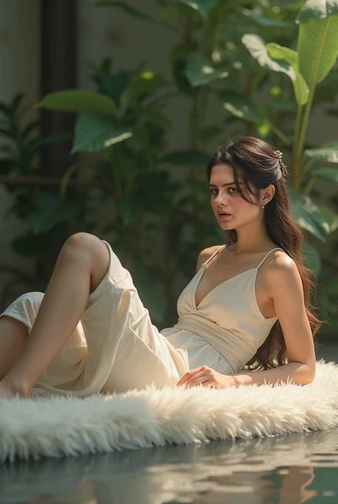 A young, very attractive, Latin woman sitting very casually on a bench in a green garden. Her face exudes beauty, her eyes sparkle with life. She wears a very loose dress. The scene exudes sensuality. The soft light and realistic details reveal the beauty of her facial features. hyper realistic photo celebrates the deep humanity that transcends age and origins. Sony a700. Editorial. --ar 16:9 --v 5.2, Surrealism, Hyperrealism, cinematic lighting, UHD, high quality, best quality --auto