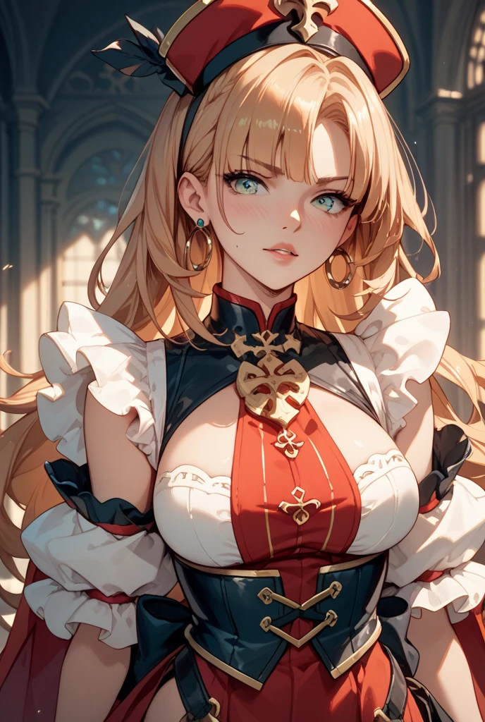 Please change the filled areas to part of the dress..,cat girl,long blonde hair,blue eyes,sexy,big chest,dressed as a sexy white and red warrior