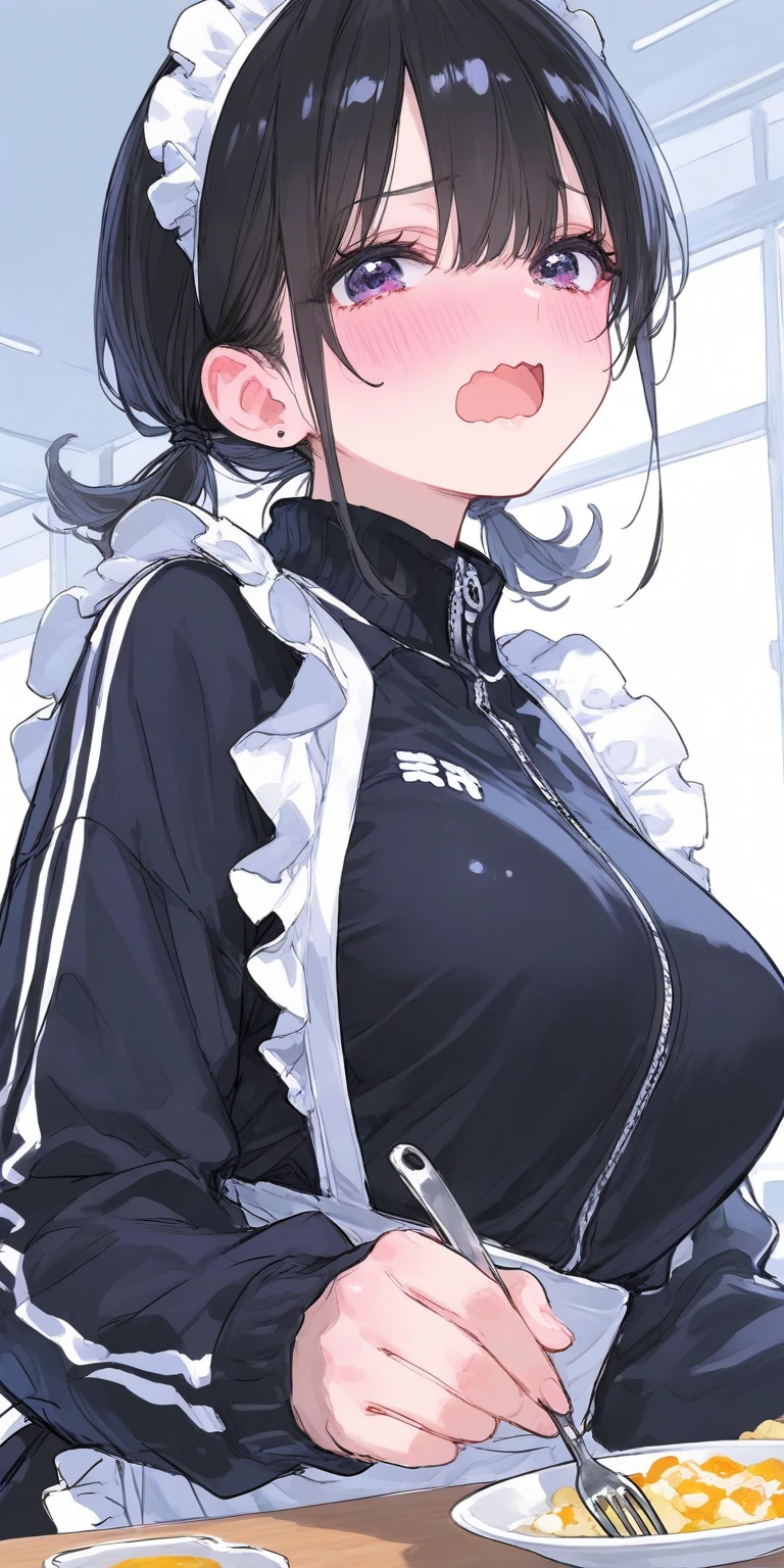 Short black hair ponytail,Pink eyes,Loving pupils,girl,huge tit,White sports shorts,white short sleeve,Clothes drenched in sweat,Stand a word horse,