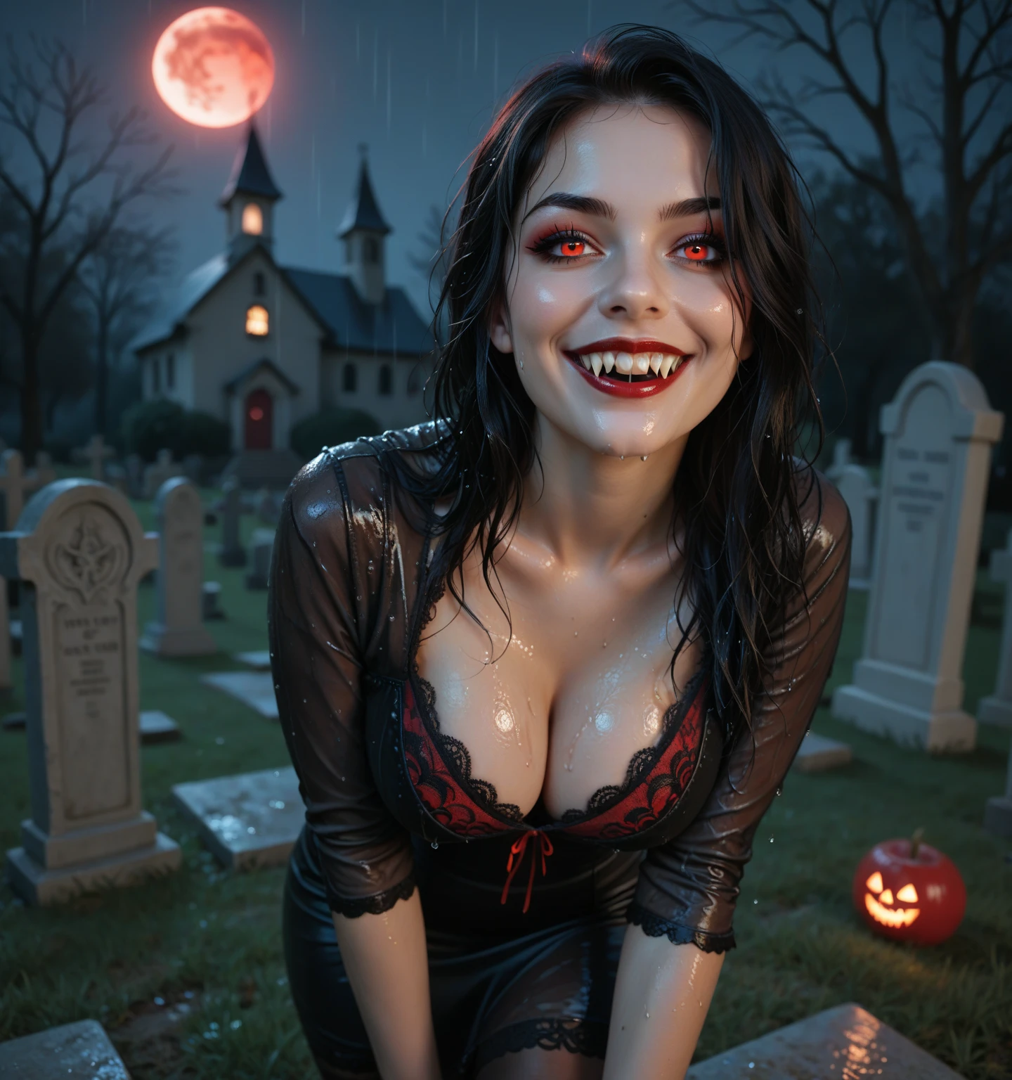 unparalleled masterpiece, ultra realistic 8k CG,masterpiece,pov,(delicate photograph,ultra_detailed,16k,raw photo:1.3),(realistic:1.9,photorealistic:1.9), (detailed sunrise scenery, star night,),Vampire girl, bikini,red costume and black cloak, smiling with fangs, full body shot, night, full moon, , (night:1.2),dreamy,soul