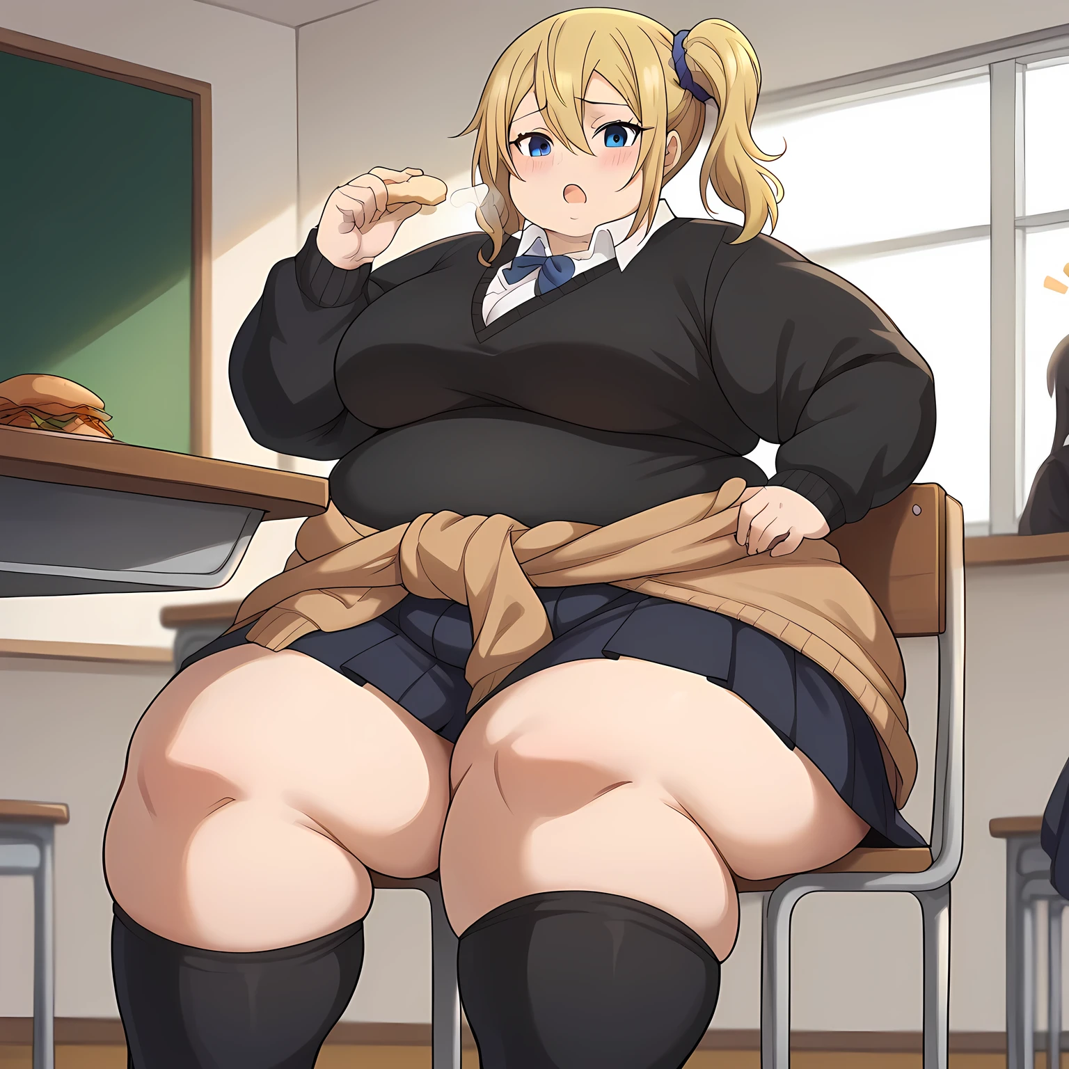 score_9, score_8_up, score_7_up, source_anime, aihayasaka, ai hayasaka, bangs, blue eyes, blonde hair, hair ornament, hair between eyes, sidelocks, side ponytail, scrunchie, hair scrunchie, blue scrunchie, shirt, long sleeves, school uniform, shoes, socks, sweater, cardigan, black socks, clothes around waist, shuuchiin academy school uniform, sweater around waist, cardigan around waist, indoors, classroom, , looking at viewer, cowboy shot, dutch angle, solo, fat, chubby, obese, gigantic arms and legs, large breasts open mouth, out of breath sitting, in front of tones of food, chair, table, eating food, pov belly, from below, blush,
