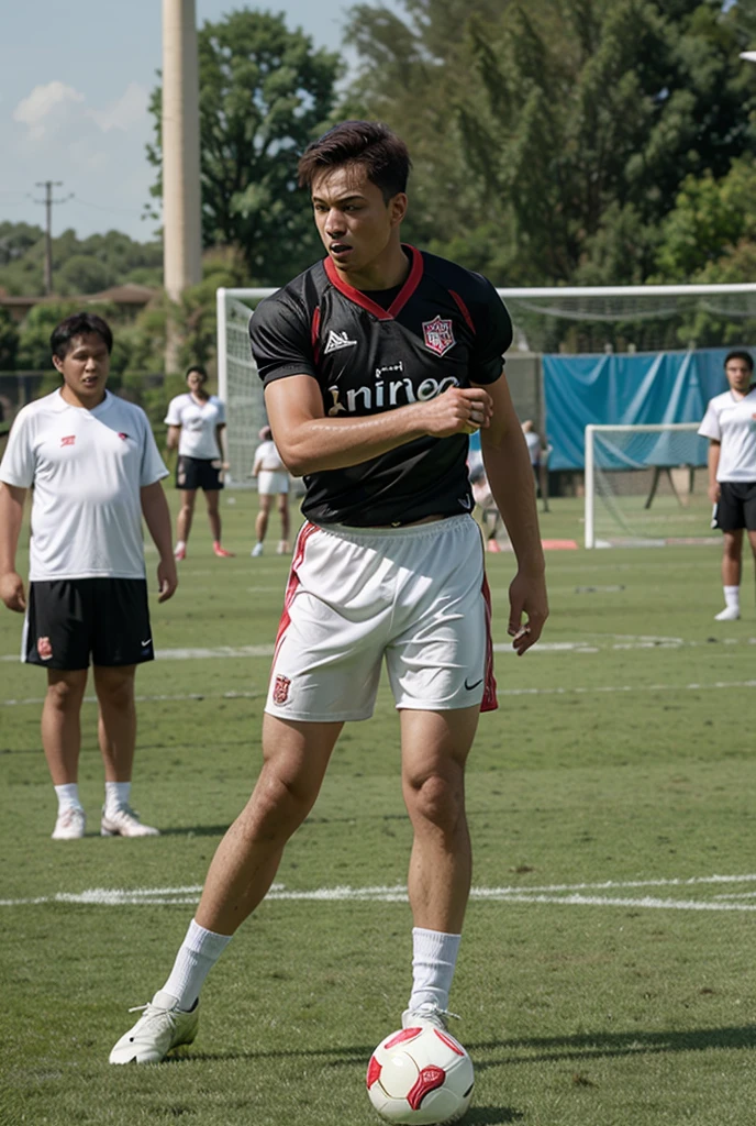 A young man in wet soccer kit is crucified in a torture chamber