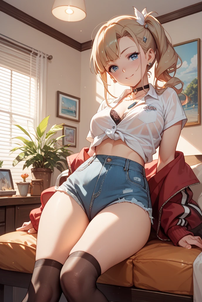 ((masterpiece,best quality)), highres, extremely detailed 8K wallpaper, cheerful, camisole, bare shoulders, cleavage, crop top, cutoffs, denim shorts, midriff, short shorts, spaghetti strap,, glamor, tights, fascinator, braid, , from front,