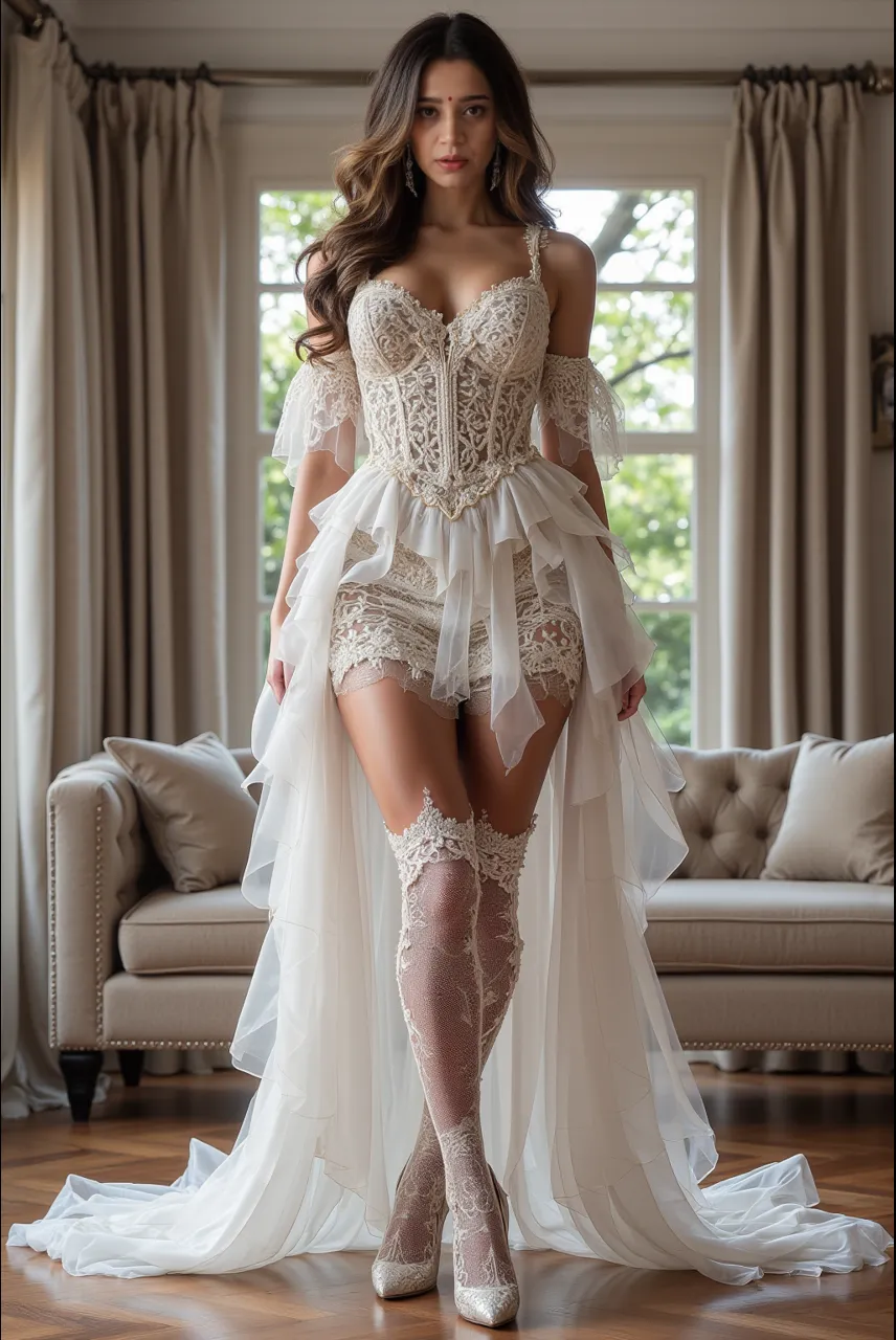 Jennifer Love Hewitt, with a transparent wedding dress, with black fishnet stockings, on knees, le regard fort, la bouche ouverte, HD, NSFW