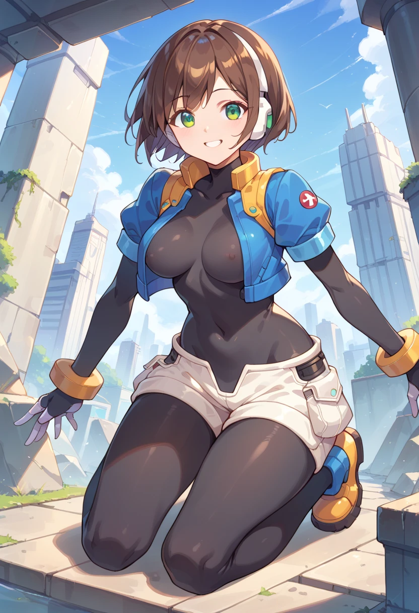 aile_megamanzx, kneeling with one hand on the ground , 1girl, solo, short hair, brown hair, short sleeves, (bodysuit), robot ears, green eyes, short_shorts, short sleeves, short over long sleeves, smile, in futuristic city, , high quality, medium_breasts,crotch, slouch,