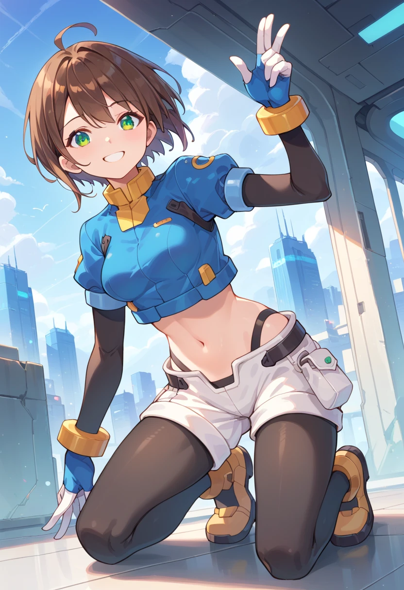 aile_megamanzx, kneeling with one hand on the ground and the other arm raised, 1girl, solo, short hair, brown hair, short sleeves, (bodysuit), robot ears, green eyes, very_short_shorts, short sleeves, short over long sleeves, smile, in futuristic city, , high quality, medium_breasts,crotch, slouch,groin,solo