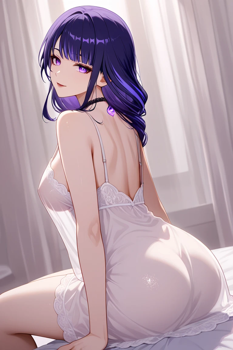 ★雷電将軍★Vulgar,low angle,from below,(nsfw), ((Raiden Shogun in Genshin Impact)),solo,((semi long beautiful dark blue hair,beautiful blue eyes)), ((Butts toward the viewer)),((topless, beautiful medium , pink nipples)), (sweating), wet gleaming skin,(Looking back, butts focus, Lying on the bed on all fours,legs wide open),innocent smile,cinematic lighting, ((beautiful butts,white beautiful elegant skirt and panties)),garter belt,white over-kneehighs,Lace chalker, wristband, diamond necklace,wristband, white fingerless gloves, earrings,modern elegant beautiful gorgeous hotel room,night
