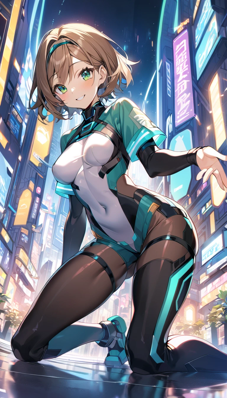 ((Best quality)), ((masterpiece)), (detailed: 1.4), (Nonsense), Tank pilot woman ready for war, shiny skin, perfect body, back, perfect ass, defined muscles, half thick bare thighs, closed mouth, only in panties, include stars in clothing, muscular body covered by technological clothing, Neon Genesis Evangelion style and Honor Impact, cyberpunk, generous neckline, ((perfect large breasts)),  (green eyes without pupils), ((clothing in the colors of the flag of Ukraine)), (((light brown hair)))), (thin stripes covering the breasts), (Psychedelic tattoo on the arms), ((circuit drawings)), short underwear, garter belt, by mucha, niji --V5, close to real, psychopath, crazy face, sexy pose, background with a giant Gundam style robot head, 2 pieces outfit,  shoulder pads with airplane wings, pastel, centered, scale to fit dimensions, HDR (High Dynamic Range),Ray Tracing,NVIDIA RTX,Super-Resolution,Unreal 5,Subsurface dispersion, PBR texture, Post-processing, Anisotropic filtering, Depth of field, Maximum clarity and sharpness, Multilayer textures, Albedo and specular maps, Surface shading, Accurate simulation of light-material interaction, Perfect proportions, Octane Render, Two-tone lighting,  Wide aperture, Low ISO, White balance, Rule of thirds, 8K RAW, crysisnanosuit