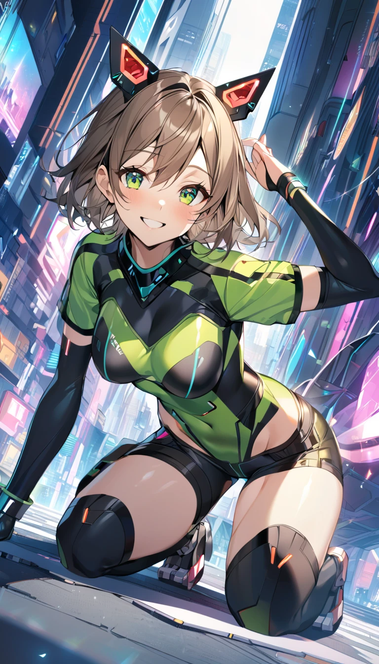 aile_megamanzx, kneeling with one hand on the ground and the other arm raised, 1girl, solo, short hair, brown hair, short sleeves, (bodysuit), robot ears, green eyes, (very_short_shorts:1.3), short sleeves, short over long sleeves, smile, in futuristic city, , high quality, medium_breasts,crotch, slouch,groin,dynamic_angle