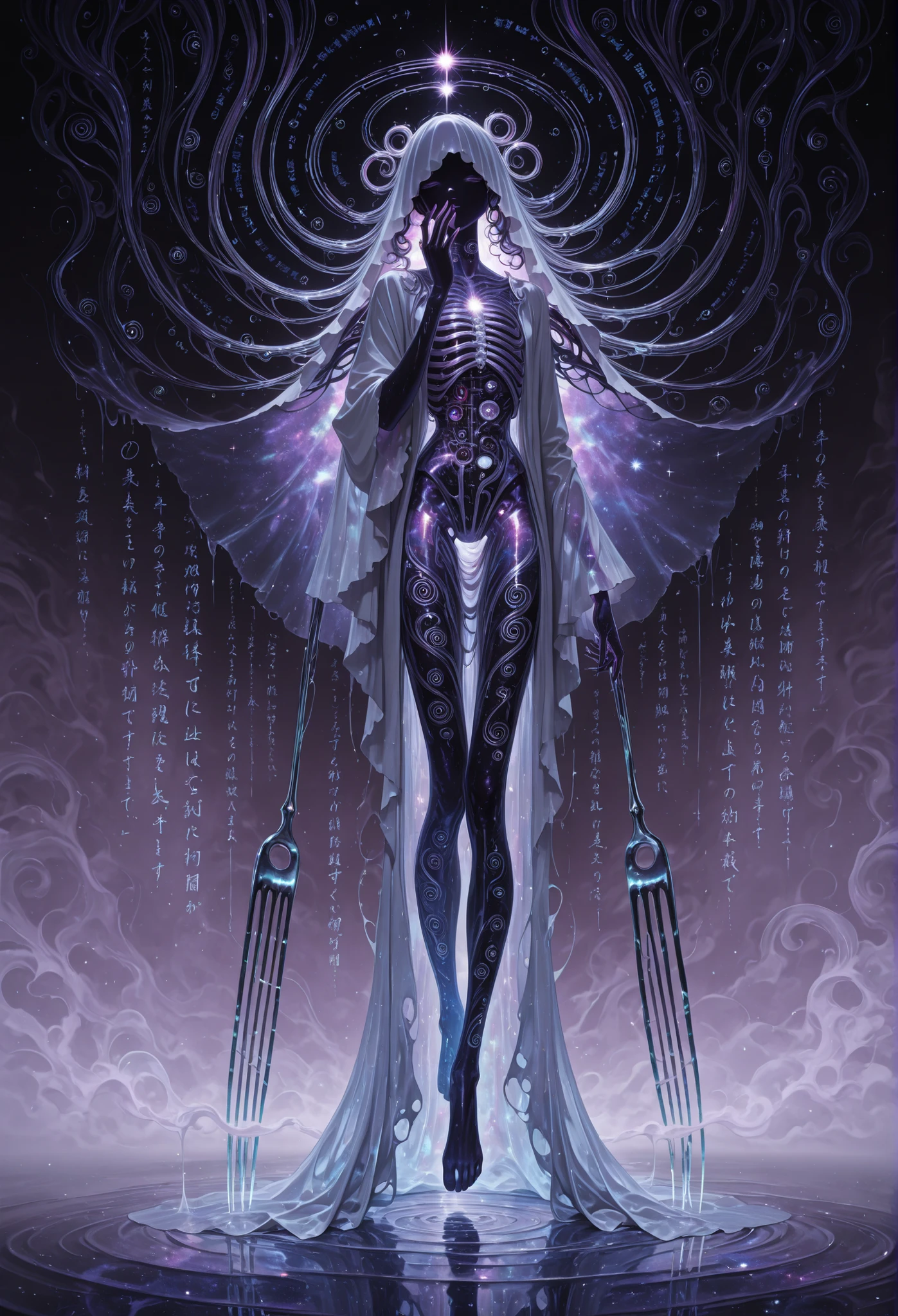 androgynous spectral figure with a slender, elongated body in constant soft vibration, parts of the form slightly duplicated or glitched like overlapping frequencies, wearing a flowing robe made of translucent sonic fabric or smoke, surrounded by faint swirling glyphs and sound rings that orbit slowly around the head and shoulders, face partially obscured by a veil or faint static distortion, multiple faint mouths whispering along the jawline or neck, eyes flickering like distant stars through fog, long trembling fingers like tuning forks, feet hovering slightly above a rippling dreamlike surface, background filled with warped reflections and soft echoes, dream horror style, ethereal color palette with muted purples, silvers and blacks, ambient cinematic lighting, surreal atmosphere, 4k full body concept art, unsettling elegance, soft surreal nightmare