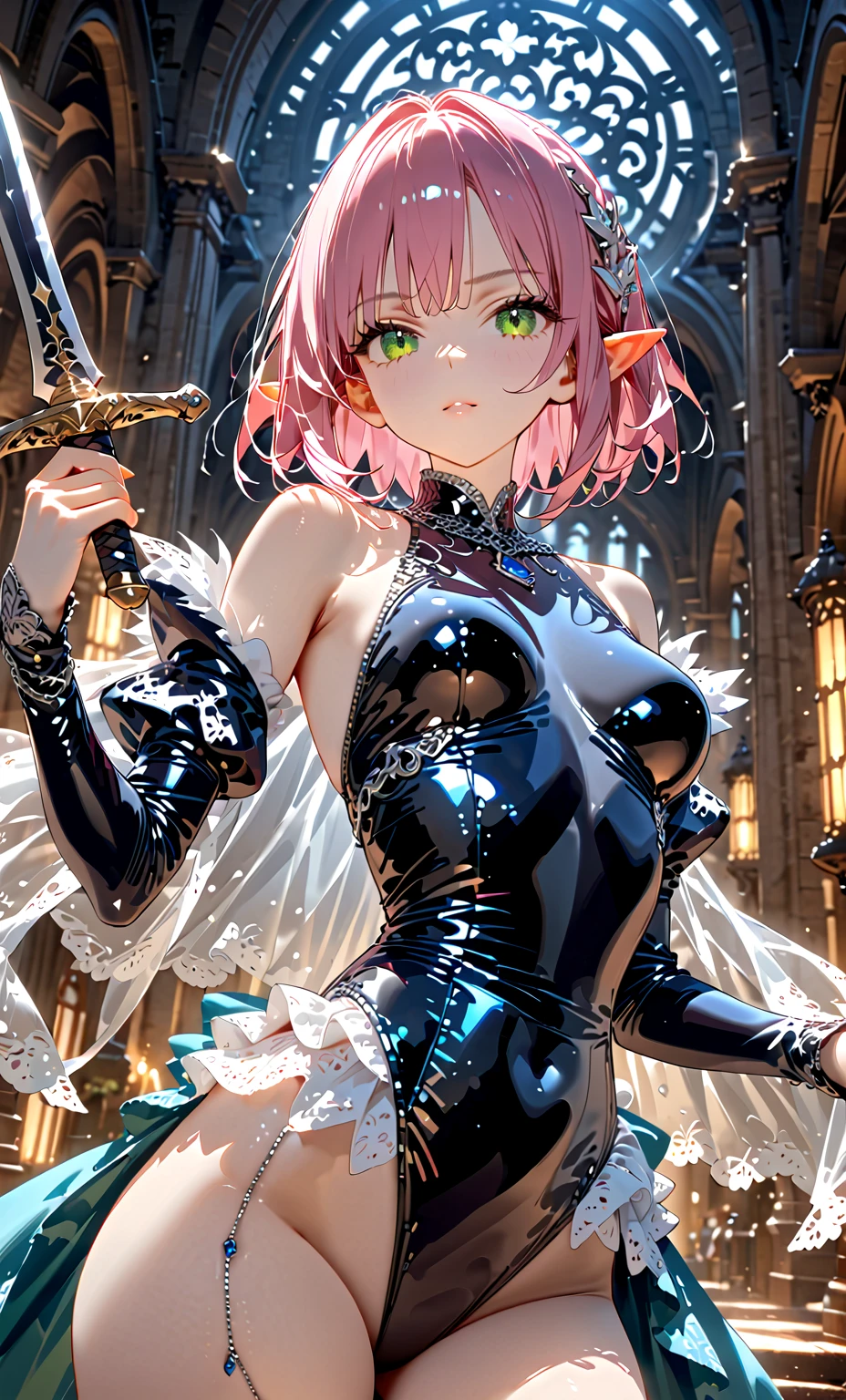 A woman wears a short flared patent skirt and a dress with puff sleeves, She wears very long patent thigh-high boots, Her outfit is very sexy, (looking at viewer), break, sexy, ((solo)), (1 woman), ((25 years old)), ((highest quality)), ((masterpiece)), (familiar), skindentation, perfect face, 8k , (cowboy shot), break, short hair, ((pink hair1.5)), bob cut, black eye, beautiful princess, smile, metallic costume, medium breasts, perfect limbs, visible nipples, (camel toe:0.5), sexy, buried under a pile of onions,