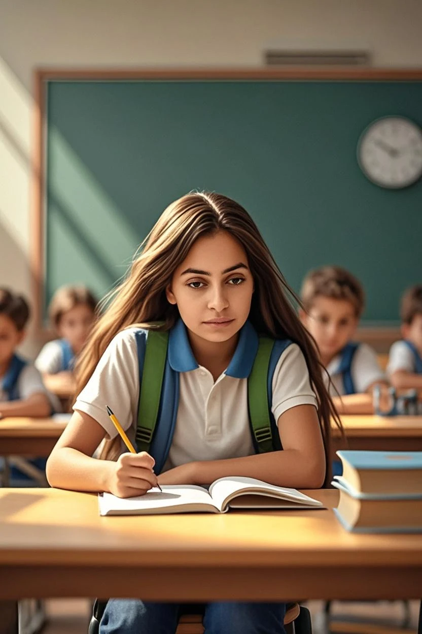 Pregnant teenager Teenage girl with dark brown curly hair, sitting in her chair receiving classes in the classroom while taking notes and only her and the classroom blackboard are shown