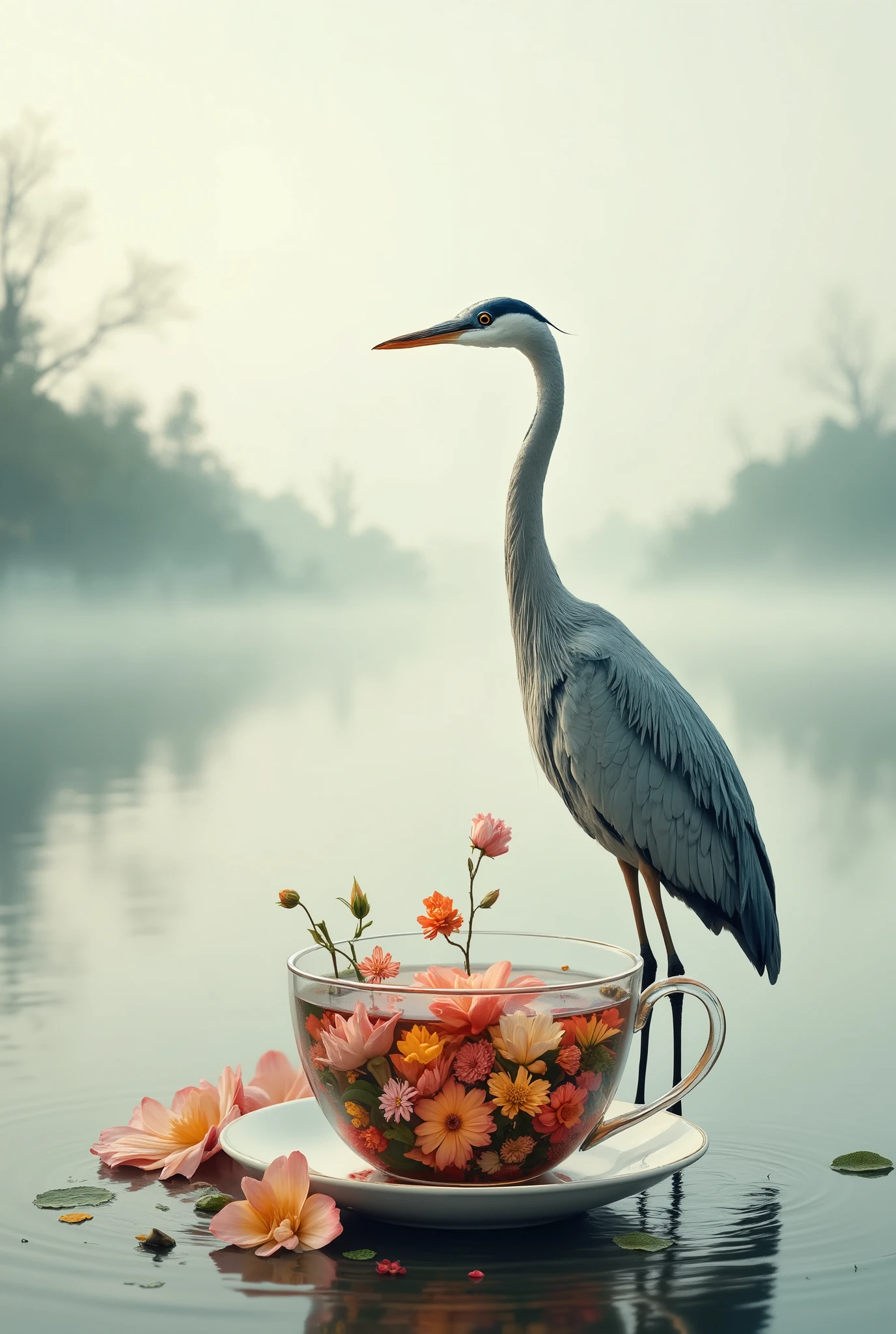 Strange Scenery , heron standing in water , A cup of tea with layered flowers , Following、 featuring multiple exposure effects that evoke melancholy 。all of these、Jerry N . Ullsman and Meret Oppenheim , A beautiful girl integrated with , like, surrealism, Mystique , teeth、 The ideal composition principles for double exposure , with a soft, natural three-dimensional effect. It may be the winner of the photo exhibition , perfect composition, Beautifully detailed, intricate, incredibly detailed octane rendering, popular for art stations, 8K Art Photography, Photorealistic concept art, It has been put together in an ultra-realistic digital painting that imitates a cinematic perfect light, light/dark method