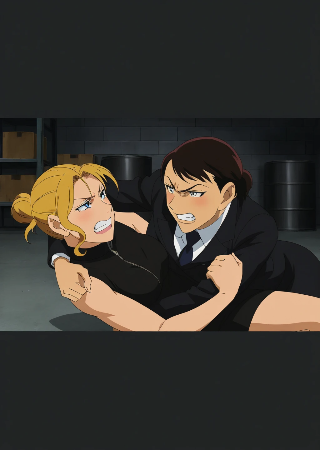 Blond girls bodystocking fight boys
