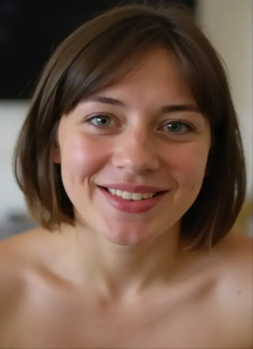 topless, naked, at a Photography studio, 35 year old brazilian woman、quality、masterpiece、Extra detail、middle breast、The best smile, curly short hair, Black Background, lie on the chair, sexy