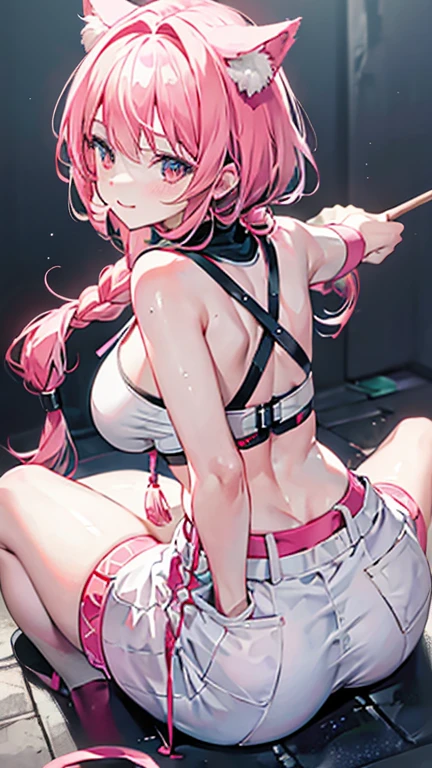 Nino:long pink hair,she has big breasts she is wearing tight wet white panties and a tight wet black bra tight gym pants,she is standing,Anime 8k