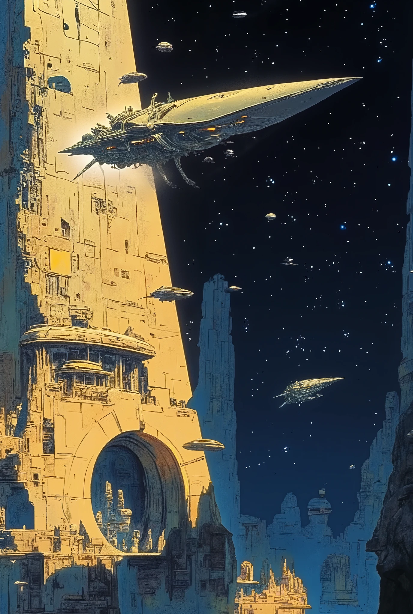 Moebius (Jean Giraud) Style - A picture by Jean Giraud Moebius, Large rectangular shaped Spaceship in deep sky, Science fiction illustrations, Retro-future. photo realism, 32K. Sci-fi Photoshoot, ULTRA WIDE ANGLE SHOT, Impressive retro-future Spaceship, galaxy, Distant nebulas, in Moebius' signature style with sharp detailing and vibrant colors. Shot with Panavision Panaflex Gold II and Ultra Panavision 70 lenses, The image is full of film grain and low-key lightingIt creates a mysterious and tense atmosphere, minimalist STYLE