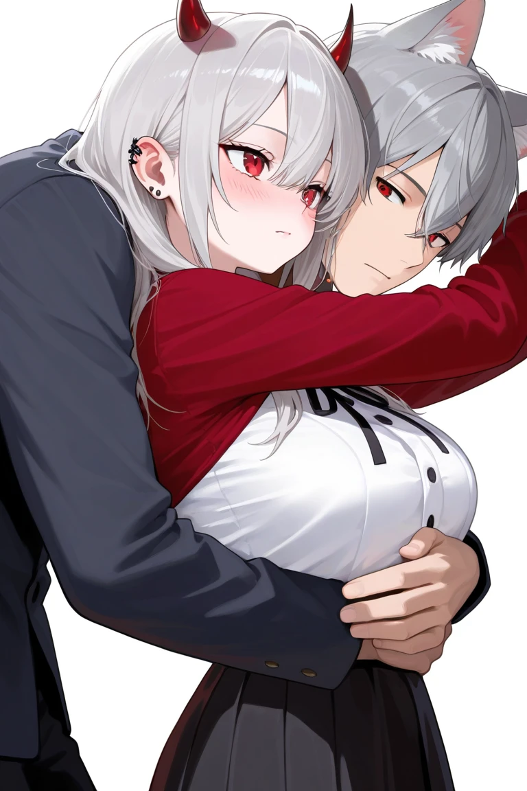 (best quality, highres, ultra-detailed:1.2), realistic, painting, detailed faces, couple, man Fox earl pale skin, short white hair, red eyes, casual clothing, woman fox earl pale skin, long silver hair, red eyes, casual clothing, fox-like appearance
